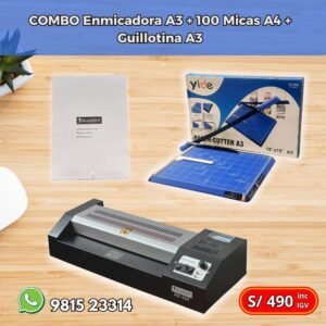 COMBO Enmicadora A3 Razer RZ-320 Metalica + 01 Paq. x 100 micas A4 de 125 mic + Guillotina A3